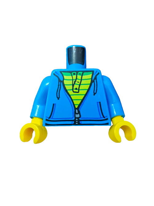 The LEGO 6153138 minifigure torso showcases a blue hoodie with a zipper over a lime and green striped shirt and features bright yellow hands, although the head is not included.