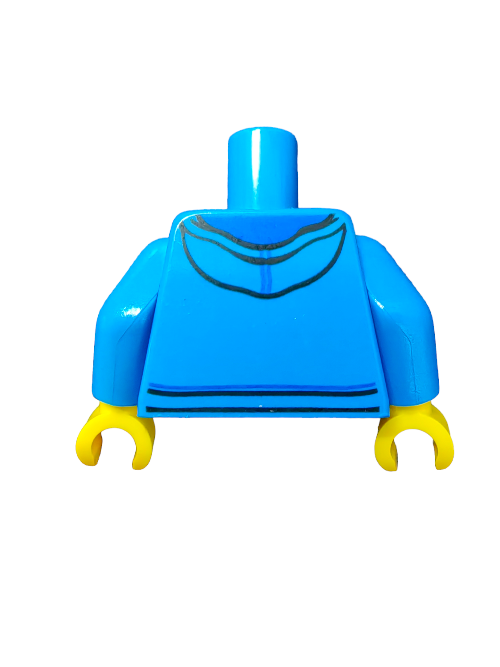 LEGO 6153138 blue minifigure torso with a black collar sports lime and green stripes like a hoodie-shaded shirt, complete with vibrant yellow hands, all set against a plain white background.