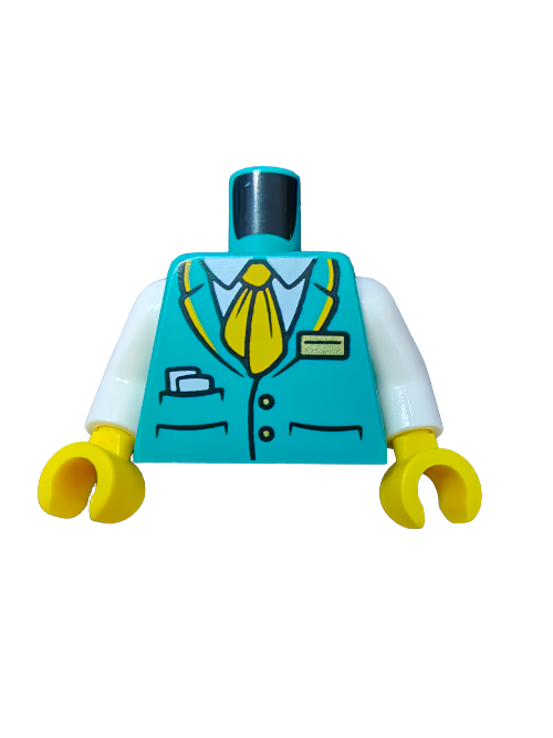 The LEGO 6400053 Torso showcases a teal suit jacket, white shirt, and orange tie with pocket details, a gold badge, and features white arms and yellow hands.