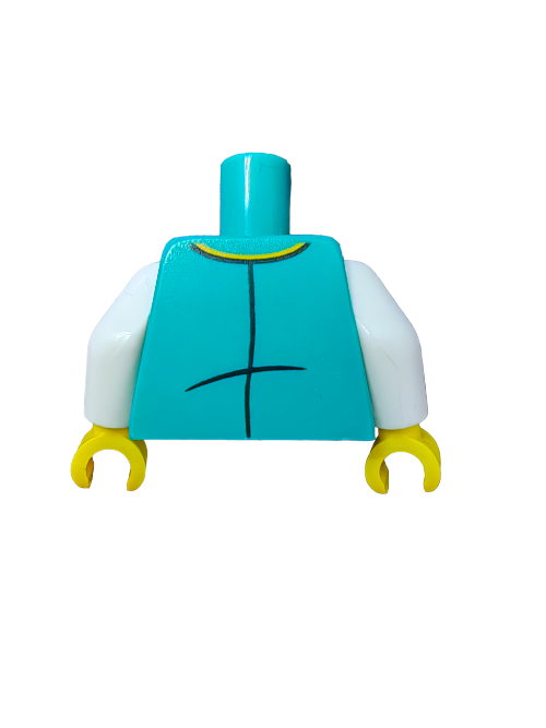 A close-up of LEGO 6400053 Torso with blue and white design, featuring yellow hands, a suit jacket pattern with buttons, an orange tie, and a gold badge. The minifigure torso stands upright against a plain white background, without head or legs.