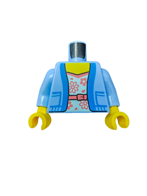 The LEGO 6386209 Torso, Jacket with Pockets and Flowers Pattern - UB1111 showcases a stylish light blue jacket with a red flower-patterned shirt. Its yellow hands add a classic touch, and while it lacks a head and legs, its perfect for your next minifigure scene.