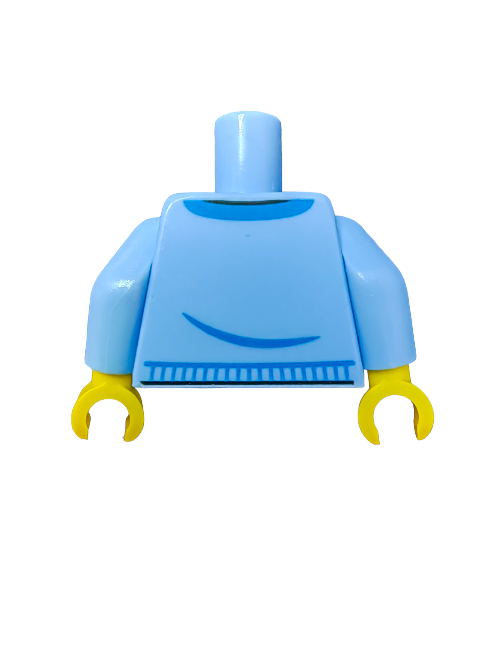 The LEGO 6386209 torso piece is blue with yellow hook hands, featuring a simple jacket pattern with pockets and flowers, designed for minifigures. It stands alone on a white background, perfect for creative scenes.