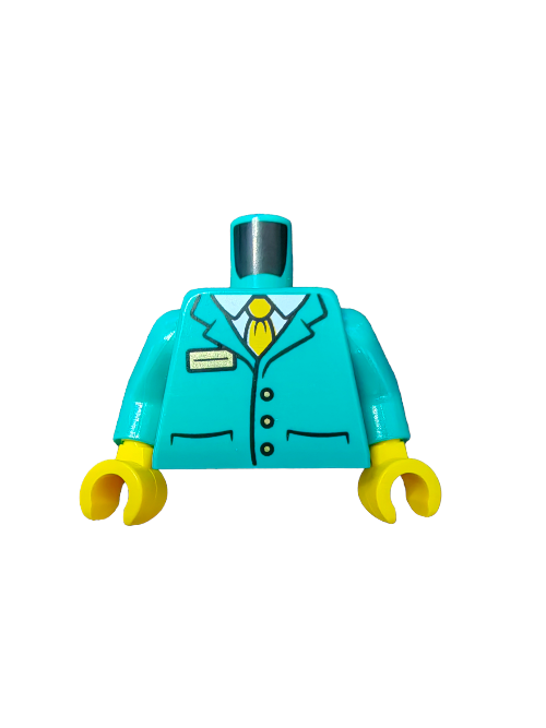 The LEGO 6400050 minifigure torso in turquoise and yellow showcases a suit jacket with buttons, an orange tie, and gold badge, finished with claw-shaped yellow hands; it does not include a head or legs.