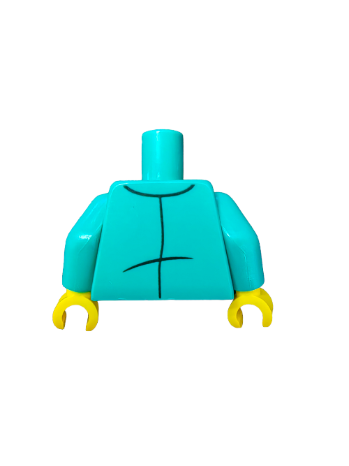A LEGO 6400050 minifigure torso featuring a turquoise design with drawn-on abs, yellow claw hands, an orange tie, and includes a gold badge.