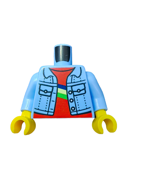The LEGO 6387994 minifigure torso features a light blue jacket resembling denim with yellow hands, paired with an orange shirt featuring a diagonal rainbow stripe. The head is missing.