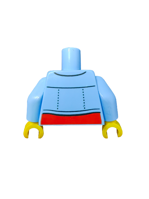 The LEGO 6387994 Torso features a denim jacket with a red shirt, and yellow hands. This hollow torso is perfect for adding playfulness to your collection with its vibrant colors.