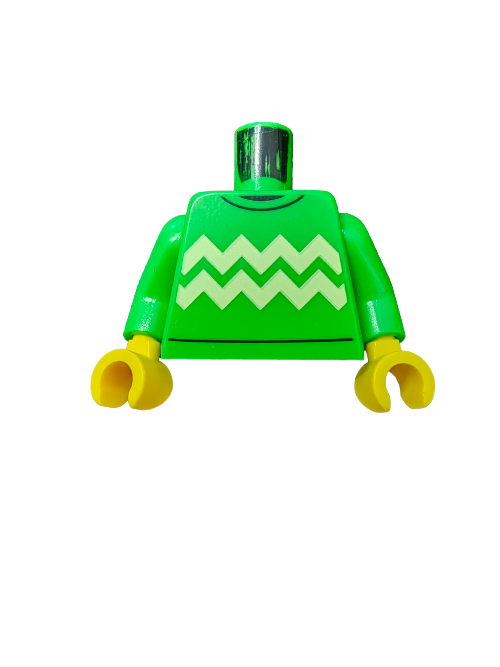 The LEGO 6392114 Minifigure Torso features a bright green body with light yellow zigzag lines, resembling a cozy sweater. It includes yellow hands but lacks a head, making it perfect for creating your personalized characters!.