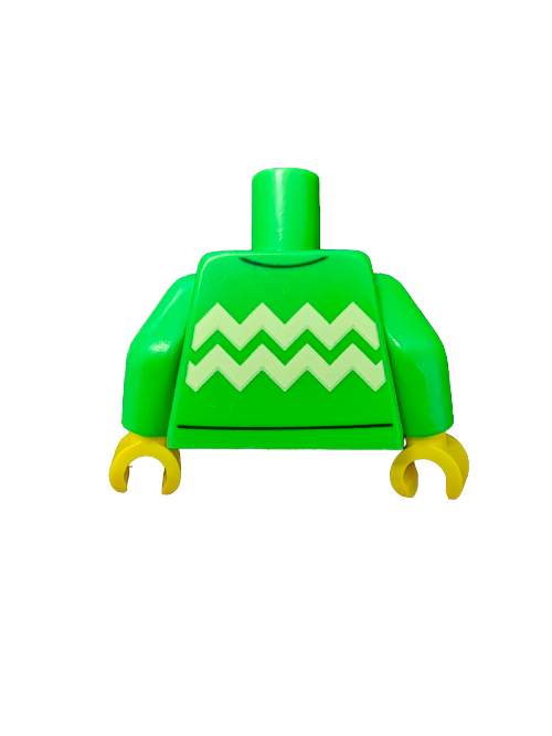 The LEGO 6392114 Minifigure Torso features a green sweater with light yellow zigzag lines and yellow hands, ideal for customizing figures. Its shown without a head or legs on a white background.