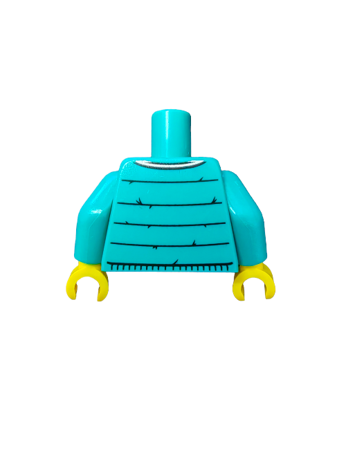 A chic LEGO 6310580 minifigure torso, featuring a jacket with zipper, turquoise arms, a dark purple shirt with white and red abstract stripes, and classic yellow hands.
