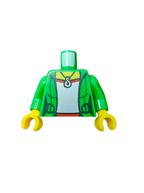 The LEGO 6330919 features a torso with a green and yellow design, showcasing a necklace pattern resembling an infinity pendant, with green arms and yellow hands. It resembles a female jacket over a gray shirt but comes without head or legs.