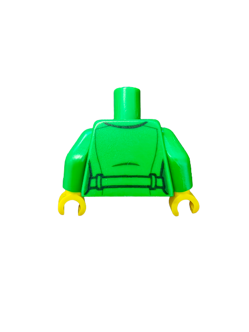 A LEGO 6330919 green torso with no head, featuring an open jacket over a red and white top with a necklace pattern, is set against a white background. Its green arms and yellow hands add life to the piece, inviting imaginative play.