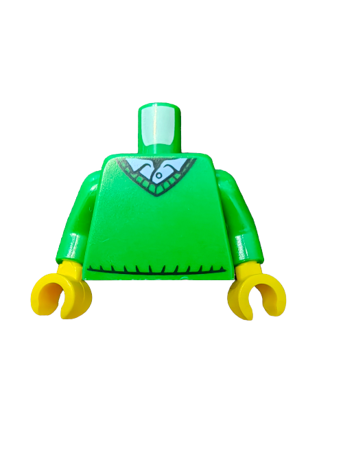 The LEGO 6283889 Torso is a green, headless, legless piece featuring a V-neck sweater with a blue shirt collar. Its yellow arms have curved hands, making it an ideal addition to any building set.