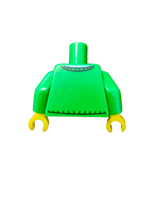 A white background showcases the LEGO 6283889 Torso, featuring a green sweater with black stitching and yellow hook-shaped hands, reminiscent of a Green Sweater V-Neck with Blue Shirt Collar design.