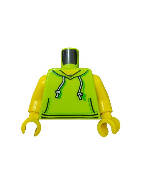 Image of the LEGO 6192789 minifigure torso in yellow, showcasing a lime green hoodie with silver adjusters, kangaroo pockets, and yellow hands. The neck has a cylindrical connector.