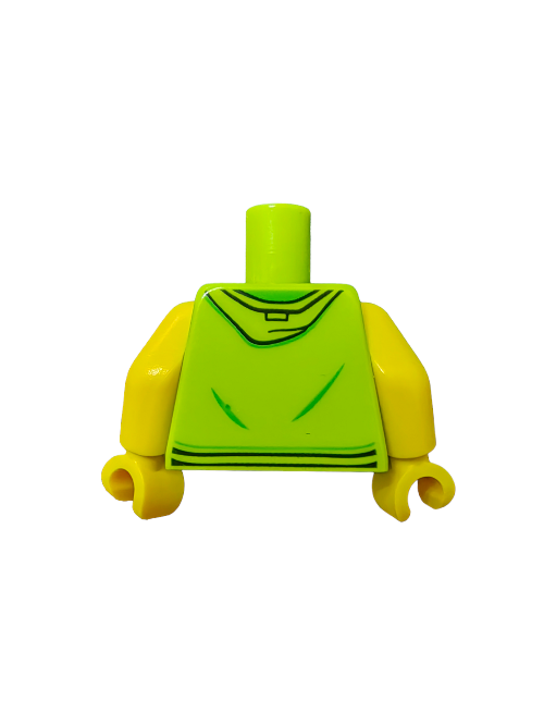 The LEGO 6192789 minifigure torso showcases a hoodie with silver adjusters and kangaroo pockets, styled in bright green with yellow arms, a black collar design, and set against a white background.