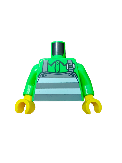 The LEGO 6390143 Torso features a unique design with green arms, yellow hands, and a chest showcasing a bold fashion blend: a green shirt with blue suspenders and an eye-catching apron with stylish blue prison stripes.