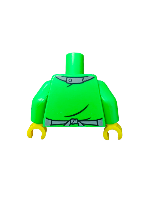 The LEGO 6390143 Torso features a green minifigure piece with yellow hands, highlighted by a printed button-up shirt and belt design that offers an eye-catching fashion statement against the white background.