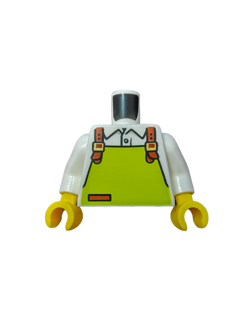 Check out the LEGO 6400672 Torso featuring a white shirt with a lime apron and reddish brown pocket. Yellow arms and an open neck make it perfect for your build.