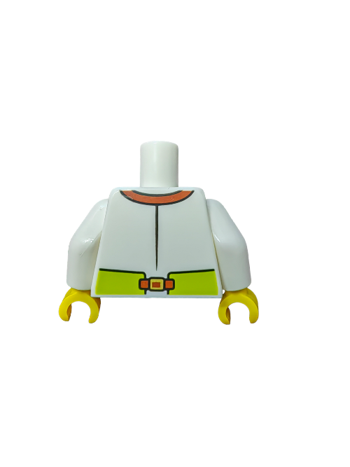 The LEGO 6400672 minifigure torso features a sleek white shirt with a lime apron, accented by a reddish brown pocket. Yellow hands provide contrast, while visible neck and arm joints enhance the building experience against the plain backdrop.