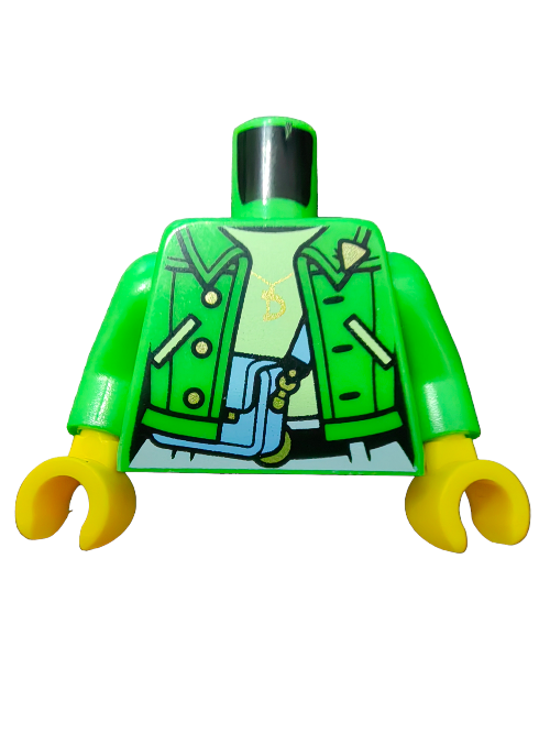 The LEGO 6378414 Torso features a stylish green jacket with a dragon head logo and button details, complemented by a blue shirt design. Its yellow arms pop, though the figure lacks a head.