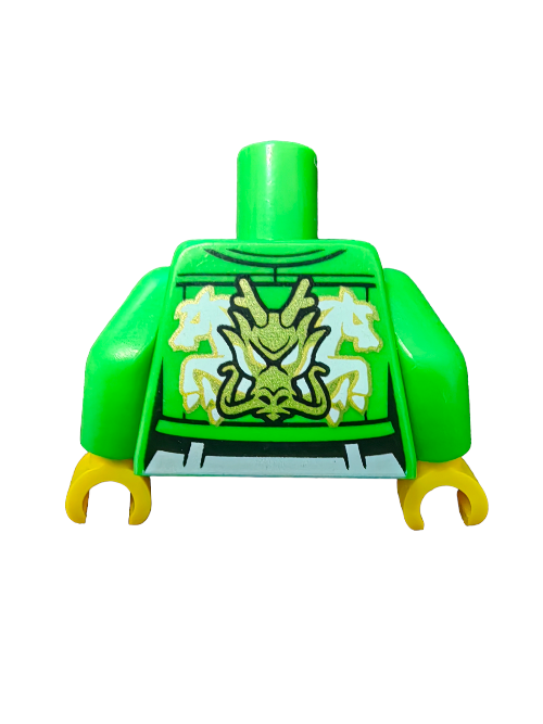 The LEGO 6378414 Minifigure Torso features a dragon head design on the back and a jacket with a light blue purse. Its green arms and yellow hands make this piece stand out. Perfect for building block enthusiasts, it comes isolated on a white background.