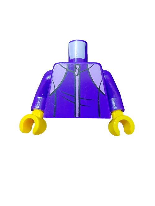 The LEGO 6270390 Torso features a purple design with a grey zipper reminiscent of a tracksuit. Its lavender-detailed arms and yellow hands complement the look, while it lacks the neck and head. It has a white backdrop with a UB1093 Mountain logo on the back.
