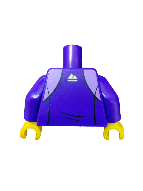 The LEGO 6270390 torso features a vibrant purple color with dark blue lines and a white triangle on the chest, along with bright yellow hook-like hands. Ideal for crafting a Tracksuit Lavender minifigure or adding style to sporty figures with its unique UB1093 design.