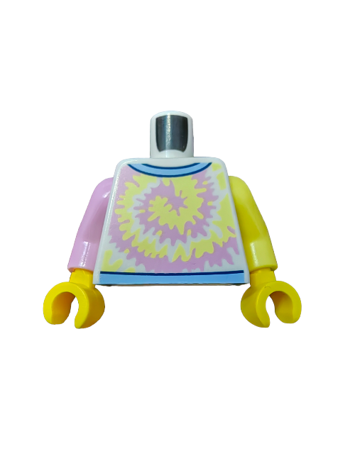 The LEGO 6400760 Torso, Pink and Light Yellow Swirl - UB1095 minifigure features a tie-dye pattern with pastel blue accents, mismatched pink and yellow arms, bright yellow hands, and a metallic silver neck piece.