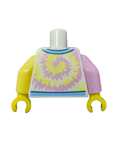 The LEGO 6400760 Torso showcases a vibrant pink and light yellow tie-dye swirl on its shirt. Its left arm is light yellow, and the right arm is light pink, leading to cheerful yellow hands, all set against a white background.