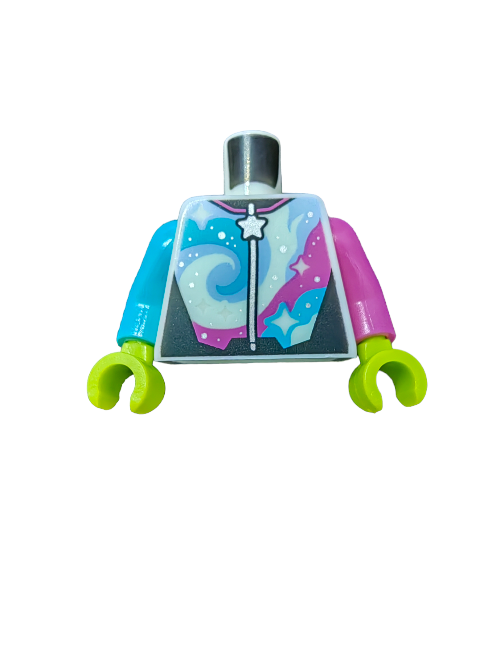 The LEGO 6392225 Minifigure Torso features lime green hands, a black neck, and an azure cosmic pattern with silver stars. It includes blue and pink sleeves adorned with swirling stars and showcases a wand design on the front.