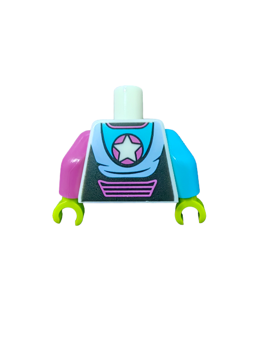 The LEGO 6392225 Minifigure Torso exudes cosmic elegance with its pink and blue arms, lime green hands, and an azure cosmic pattern featuring silver stars on a star with wings.