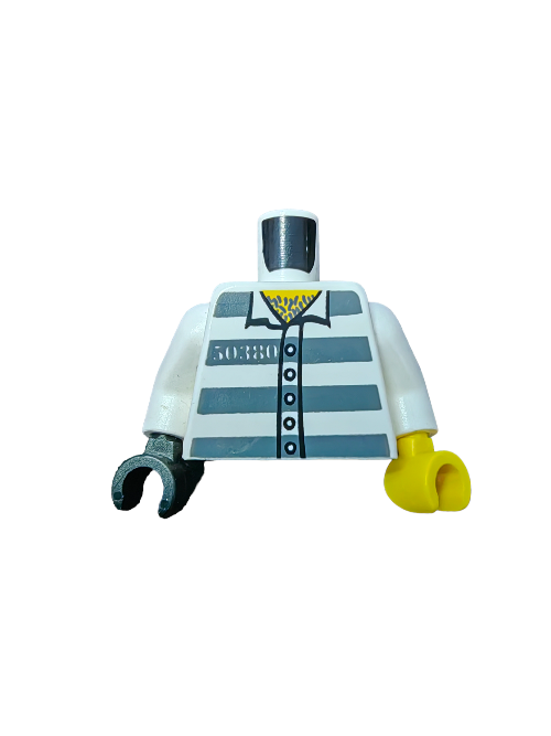 The LEGO 6056258 Torso Prisoner Number 50380 has grey stripes, a black glove (hook hand), a yellow hand, but no head.