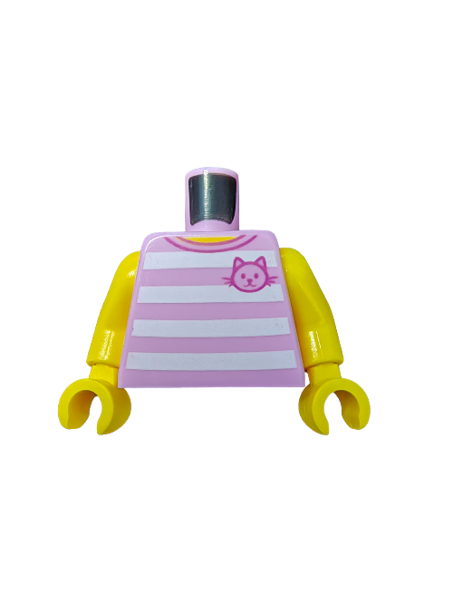 Lego minifigure torso featuring yellow arms and hands, designed with a pink and white striped t-shirt, complete with a cat badge.