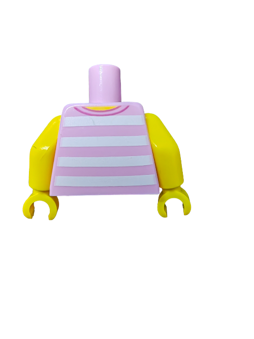 The LEGO 6153140 minifigure torso features yellow arms, a pink and white striped T-shirt with a cat badge, gripping hands, and a cylindrical neck peg against a plain white background.