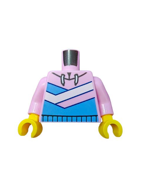 The LEGO 6382240 minifigure torso features a pink hoodie with elegant blue and white stripes, yellow hands for a classic touch, and a unique white string detail. It does not include a head or legs.