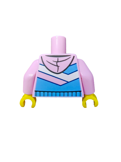 The LEGO 6382240 Torso, named Pink Hoodie with Blue and White Stripes - UB1089, features pink arms, a striking chevron pattern, yellow neck accent with a black line resembling a necklace, and classic-shaped yellow hands.