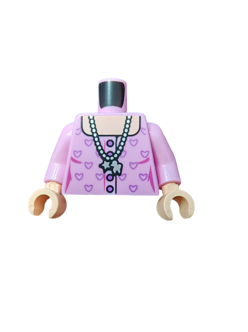 A LEGO 6306690 torso features lavender heart patterns, a silver necklace with a star charm, and includes beige hands but no head.
