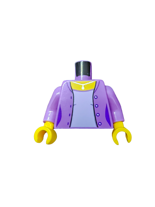 LEGO 6152450 Torso with yellow hands features a lavender jacket and light blue shirt, complemented by a printed silver necklace. Head and legs not included.