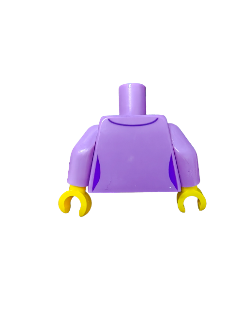 On a white background, the LEGO 6152450 Torso is shown: a purple, armless figure with yellow hands resembling a lavender jacket with buttons and a silver necklace but missing a head and front details.