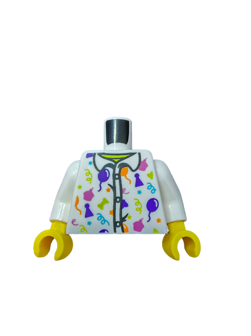 The LEGO 6294699 Torso, Celebration with Balloons and Bright Colours - UB1080, showcases white arms and yellow hands decorated with festive multicolored designs of streamers and balloons on a white background. Its a charming addition to any Minifigure collection!.