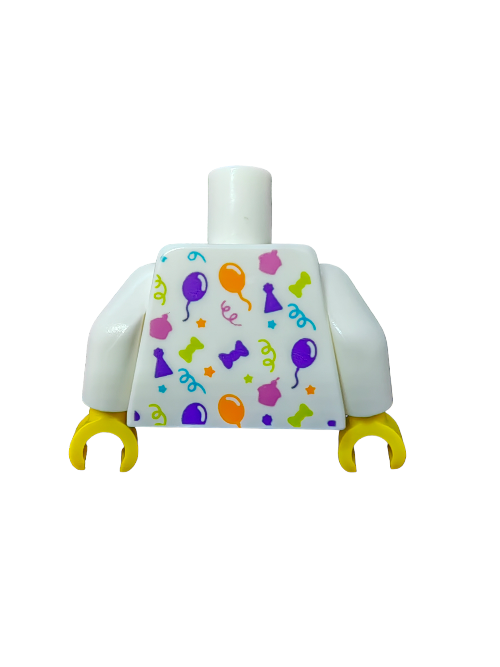 The LEGO 6294699 Torso, Celebration with Balloons and Bright Colours - UB1080 is a white piece decorated with balloons, stars, and swirls. It includes yellow hands and is a vibrant addition to any minifigure collection.