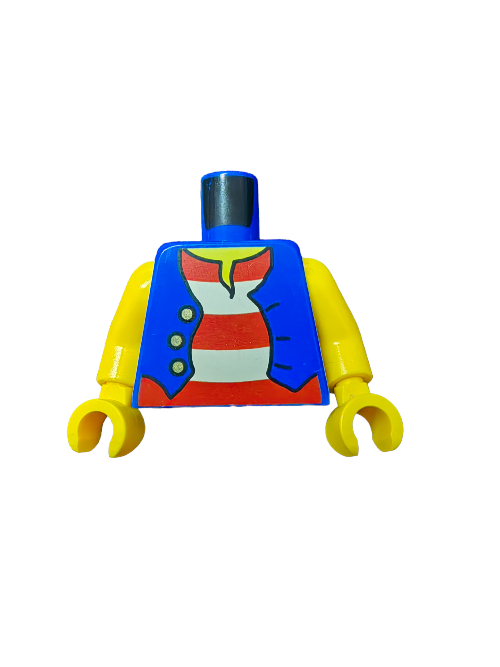 The LEGO 6023600 Torso, designed for minifigure collectors, mimics a classic pirate theme with a blue jacket, gold buttons, and a red-and-white striped shirt. It includes yellow arms but omits the head and legs.