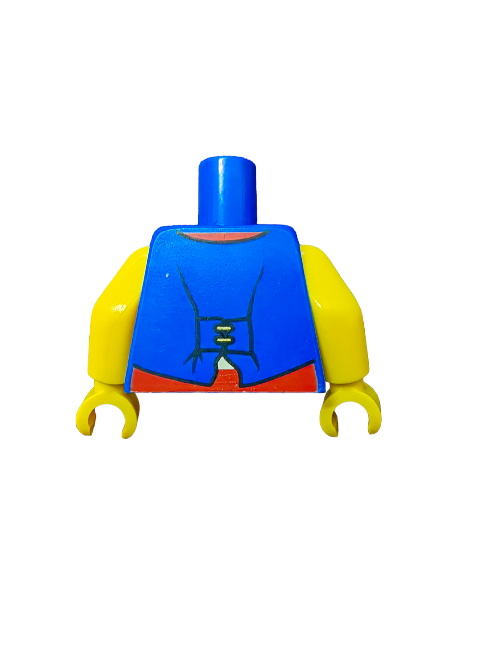 The LEGO 6023600 Torso showcases yellow arms with a blue pirate vest featuring gold buttons, complemented by a red and white striped shirt. This classic design is ideal for minifigure collectors, beautifully isolated on a white background.