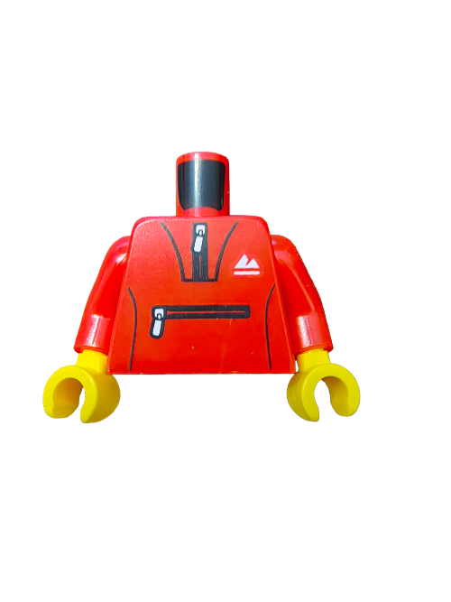 The LEGO 6270336 minifigure torso features a red tracksuit design with black and white printed details, including zippers and a mountain logo, set against a plain white background, with signature yellow hands.