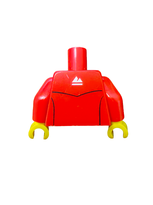The LEGO 6270336 Torso features a vibrant red tracksuit with yellow hands, white zippers, and a subtle mountain logo on the chest—ideal for custom builds!.