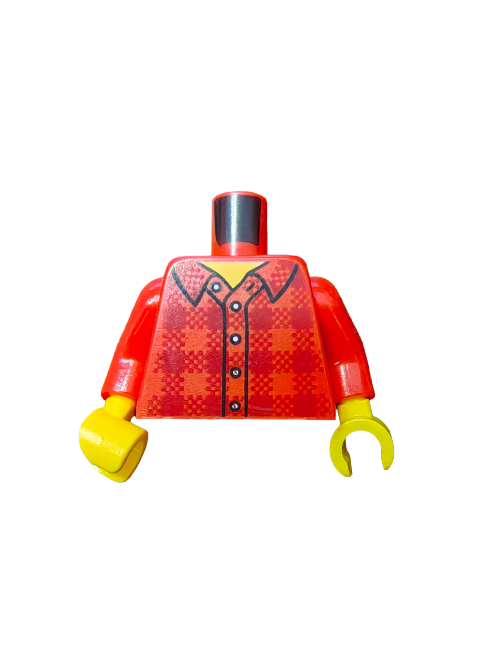The LEGO 6152679 Torso, featuring a red flannel shirt with orange checkered pattern and gold buttons, includes red arms and yellow hands but lacks a head and legs. It is set against a plain white background.