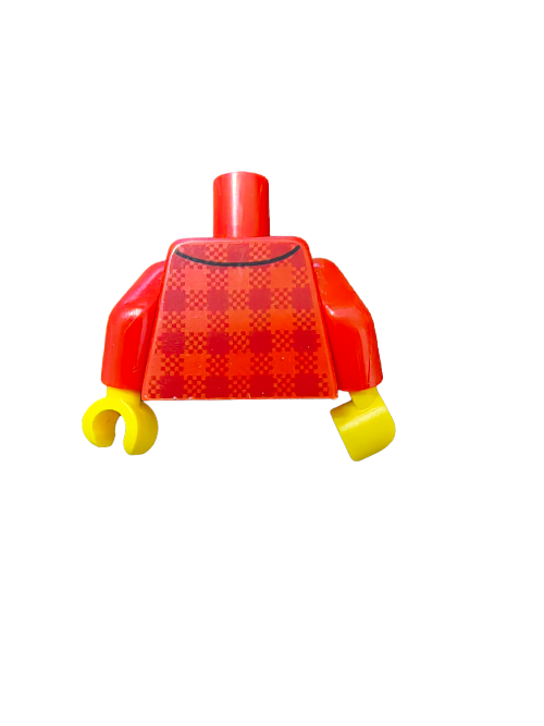 The LEGO 6152679 Torso features red sleeves and a red and black check pattern reminiscent of a pirate vest. It includes angled yellow arms, gold buttons, and a simple cylindrical neck piece.
