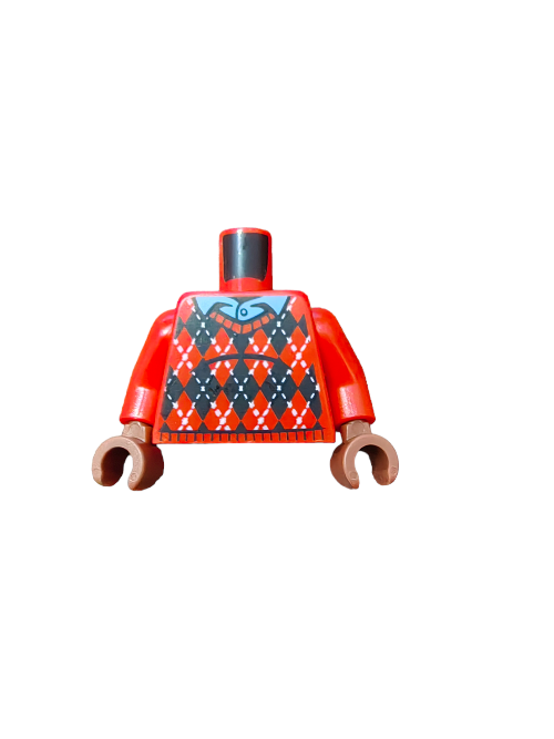 Close-up of the LEGO 6345280 Torso (UB1085), featuring a knitted argyle sweater with black diamonds and white stitching, accented by a blue shirt collar. Red arms and brown hands stand out against a plain white background.