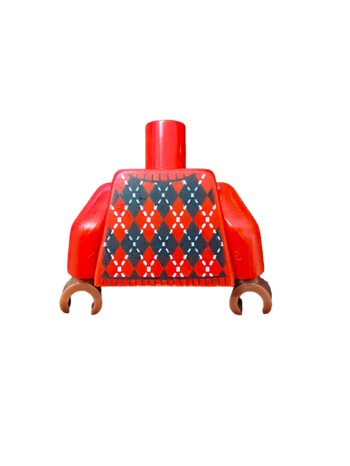 A close-up of the LEGO 6345280 Torso showcases its knitted argyle sweater design, featuring black diamonds with white stitching. The torso comes with a blue shirt collar, red arms, and brown hands against a plain white background.