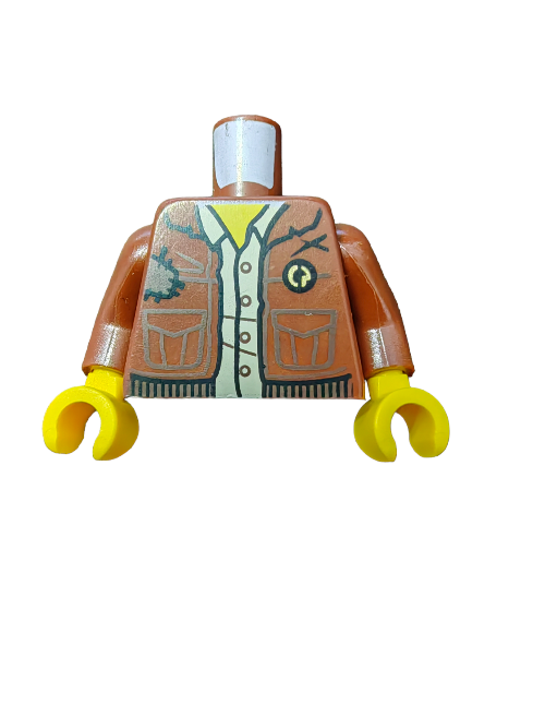 The LEGO 6270372 minifigure torso, UB1084, showcases a stylish brown jacket with pockets, patches, and a scribble-detail chest emblem, without a head or legs. It features classic yellow hands in the iconic LEGO shape.